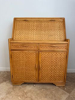Vintage Rattan Wicker Secretary Desk Cabinet