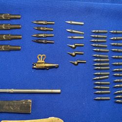 Calligraphy Pen,43 Tips,3 Antique Ink Erasers/Scrapers &1906 Brass Pencil Eraser