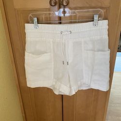 Athleta Cabo Linen 4" Shorts Womens 2 White Elastic Waist Pockets Drawstring Size 10