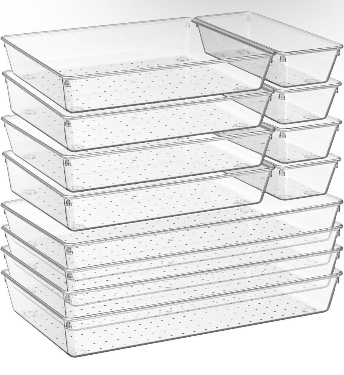 12 Pack Large Clear Plastic Drawer Organizer Trays | MULTI-USE Acrylic Drawer Storage for Kitchen, Bathroom, Makeup, Office, School, Undies | College 