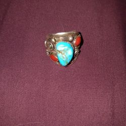 Turquoise And Coral Ring 