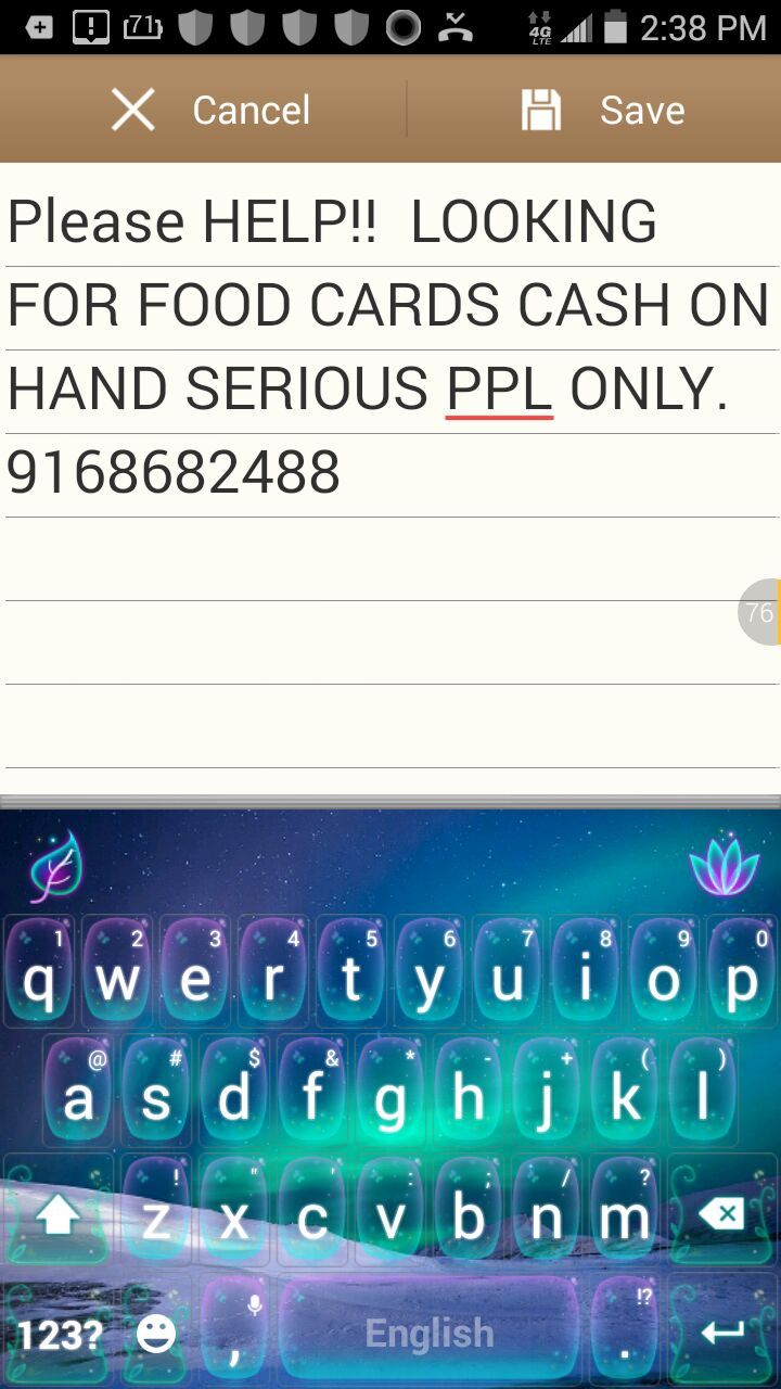 ISO food card.Only serious ppl