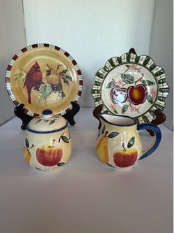 Vintage Lenox Cardinal Plate & Apple Pottery Tea Set 4pc Lot