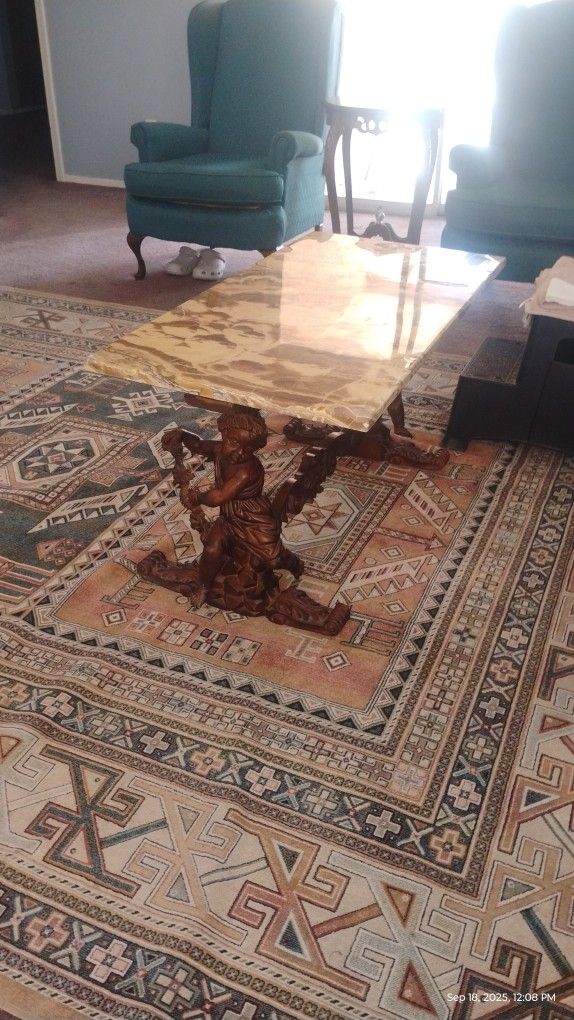 Antique Wood Carved Onyx Marble Top Coffee Table