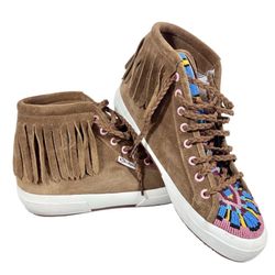 ALANUI x Superga Beaded Mid Top Sneaker Women 9.5 Brown Suede Fringe Italy Used