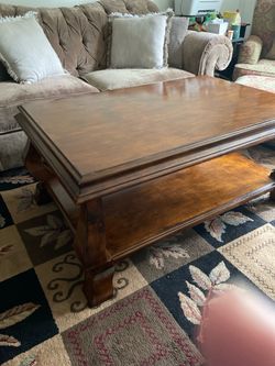 Large wooden coffee table & couch