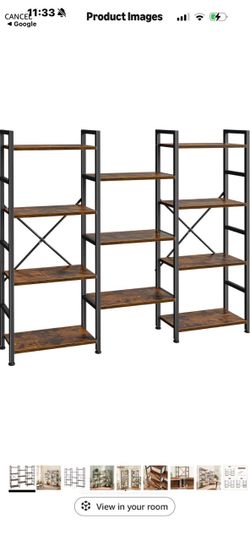 Triple Bookshelf, Bookcase with 11 Open Display Shelves, Wide Book Shelf Book Case for Home & Office, 4 Tier, Brown