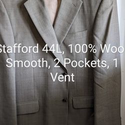 Mens Stafford Tan 44L Suit Coat Jacket. Very Nice 100% Wool, Smooth Feel, 1 Vent