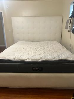 Beautiful White Leather California King  Bed Frame- Tufted Headboard
