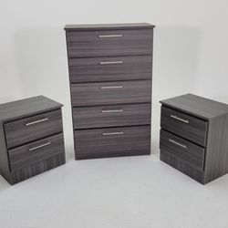 New Gray Charcoal Chest And Two Nightstands 