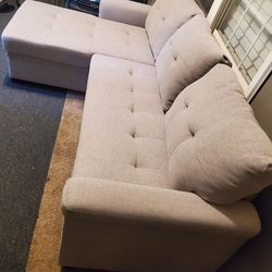 Beige Linen Reversable Sectional Sleeper Sofa W/Storage Chaise
