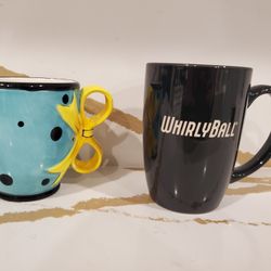 Lot of 2 Glass Mugs Glasses Black Whirlyball Logo Souvenier Bow Black Polka Dot Turquoise Yellow