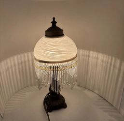 Vintage Boudoir Lamp Metal Base Frosted Glass Shade Beaded Fringe 13” Victorian 