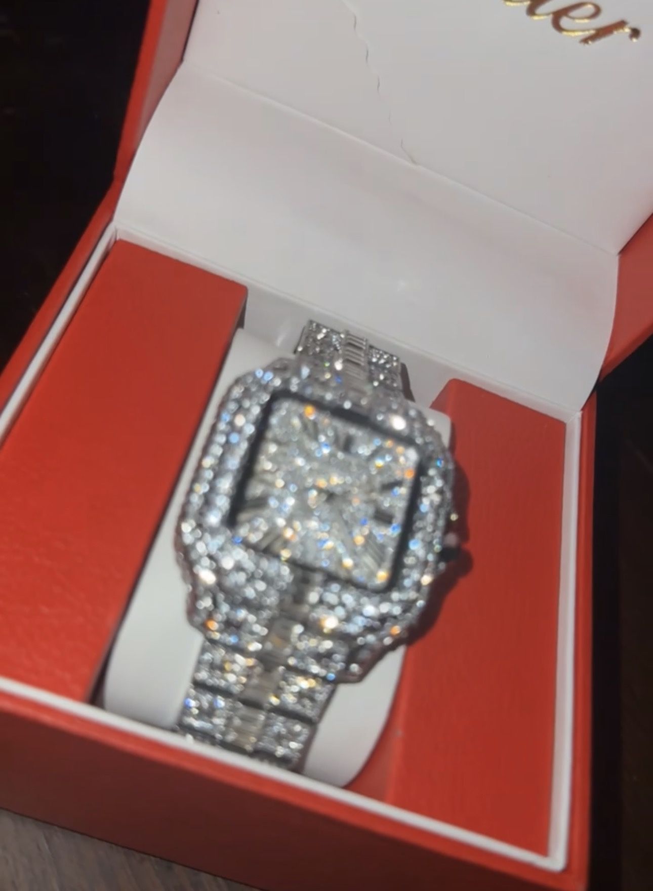 iced-out Cartier Santos watch moissanite
