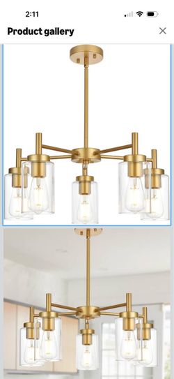 Retro Large Chandelier with Clear Glass Shade Metal Indoor Kitchen Island Pendant Lighting in Gold Finish Modern Light Fixture Hanging for Dining Room