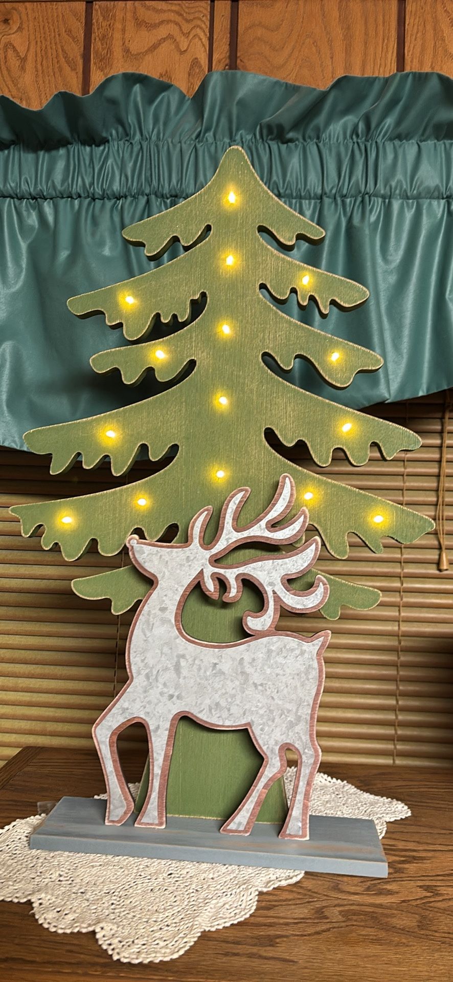 Studio Decor Holiday Marquee 24” tall Wooden Green Christmas Tree Tin Deer Rustic