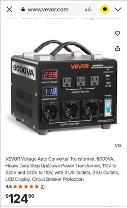 VEVOR Voltage Auto Converter Transformer, 6000VA, Heavy Duty Step Up/Down Power Transformer, 110V to 220V and 220V to 110V, with 3 US Outlets, 3 EU Ou