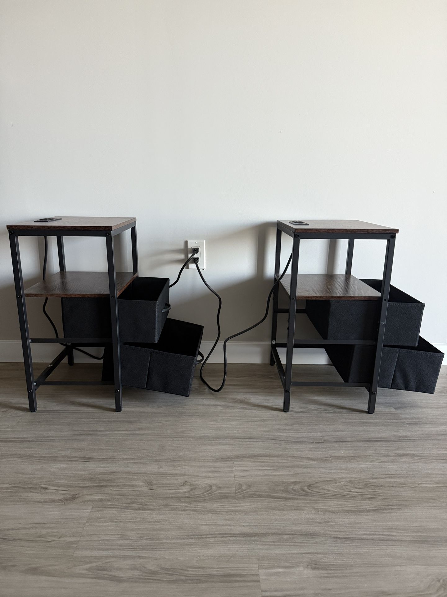 Set of 2 Rustic‑Brown Nightstands w/ Charging Station