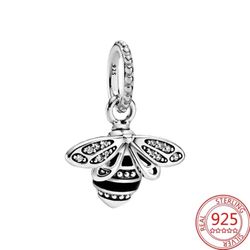 Sparkling Queen Bee Pendant Black Enamel CZ S925 Sterling Silver Dangle Charm