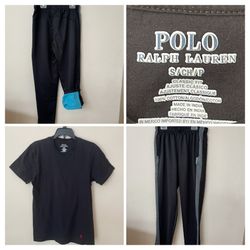 2-pc Men's Black Polo Ralph Lauren Classic Fit Crew Neck T-Shirt and black sweatpants
