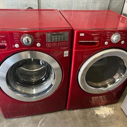 LG Red Front Load Washer And Stackable Gas Dryer Set With Steam 