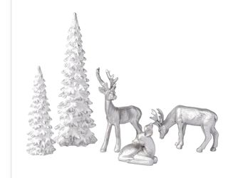 New DN DECONATION Christmas Decoration Reindeer And Tree Figurines – Xmas Reindeer With White & Silver Tree Statues Decor – Resin Christmas Village Fo