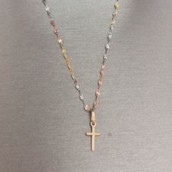 14k Three Color Gold Necklace With Cross 
