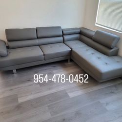 Grey Faux Leather Sofa Sectional With Adjustable Headrest 