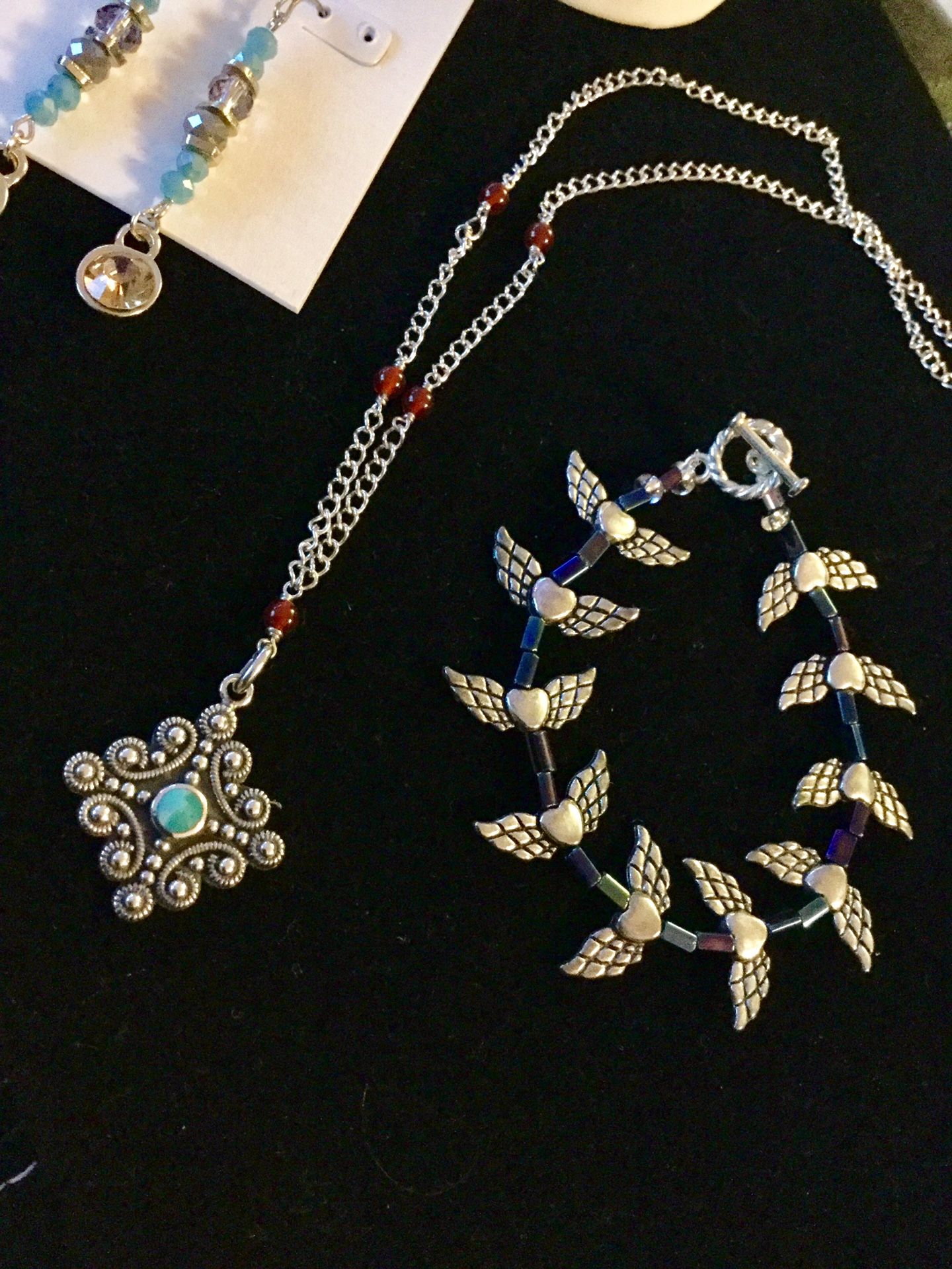 🌿🌸🌿 Assorted classy jewelry at Eva’s page / Silver necklace $25 / Heart bracelet $15 / Long Earrings gemstones $15