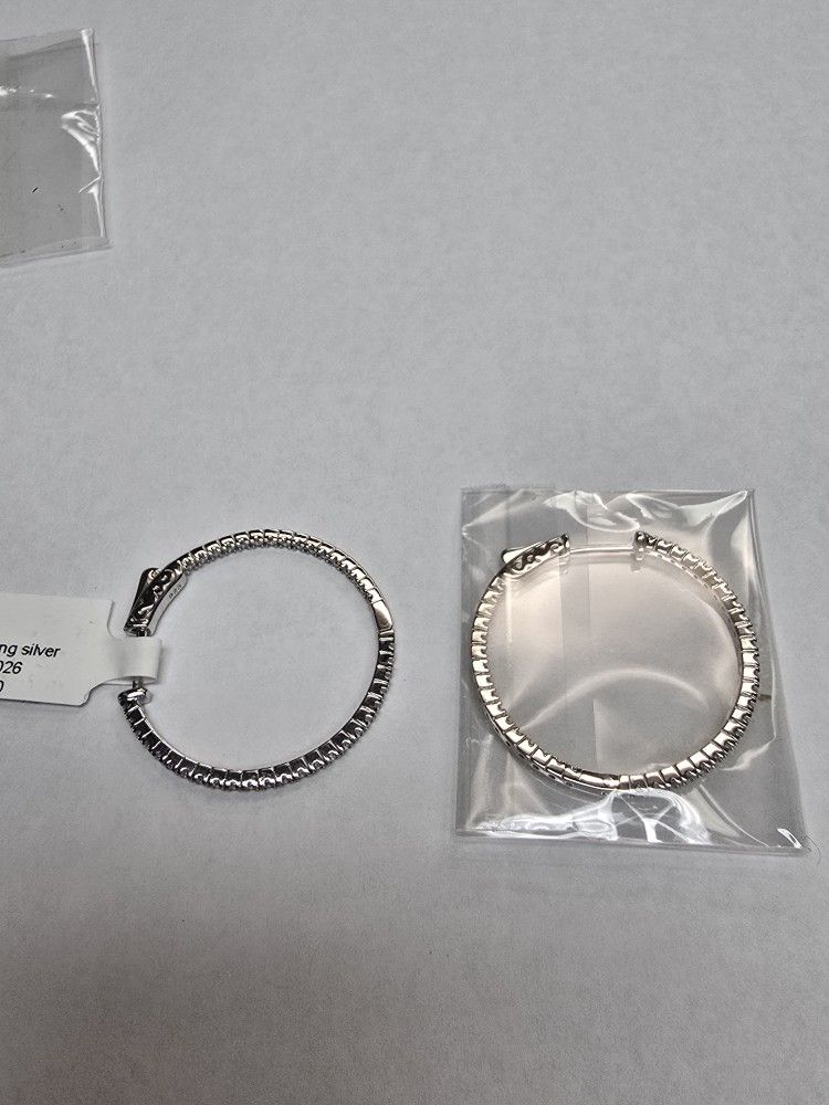 925 Sterling Silver Hoop Earrings White Stones One side Swarovski Crystal.