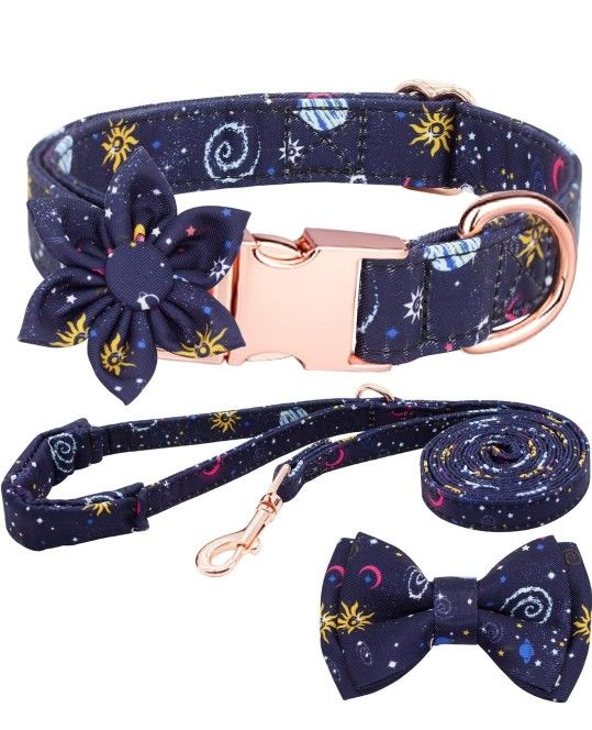 Girl Dog Collar and Leash Sets with Bow Tie, with Detachable Flower. Sz XS