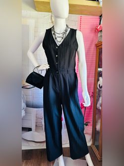 Monteau Black Pinstripe Sleeveless Wide Leg Jumpsuit