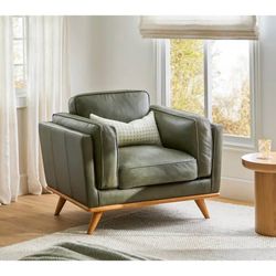 Article Timber Leather Lounge Chair Charme Green | New Open Box | Retail $1,099| Delivery Available
