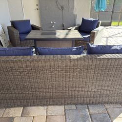 5 Piece Patio Set Couch Chairs Bar Height Table 6 Stools Fire PIt Table