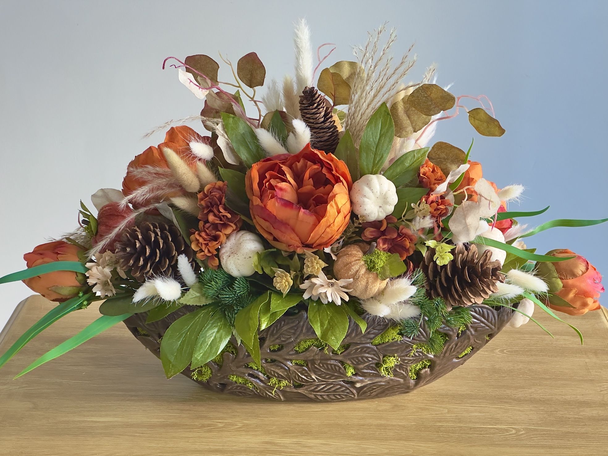 Large Handmade Fall Centerpiece Hand painted Ceramic Base Rustic Autumn Floral/grasses
