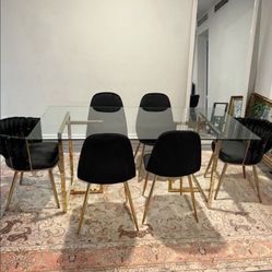 Gold Big Glass Dining Table Set  For 6 People With Velvet Chairs 