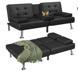 [Used] Black Faux Leather Convertible Futon Sofa Bed – Foldable Couch with Cup Holders