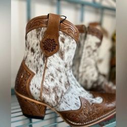 💯Hand Tooled Leather Genuine Cowhide Women Bootie Cowboy Boot Western Rodeo 7
