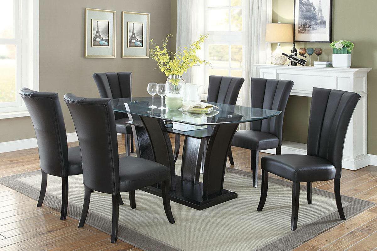 BLACK UPHOLSTERED PARSON DINING CHAIRS 7 PIECE DINING GLASS TOP TABLE SET