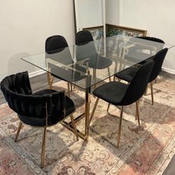 Gold Glass Dining Table Set For 6 People With Velvet Chairs