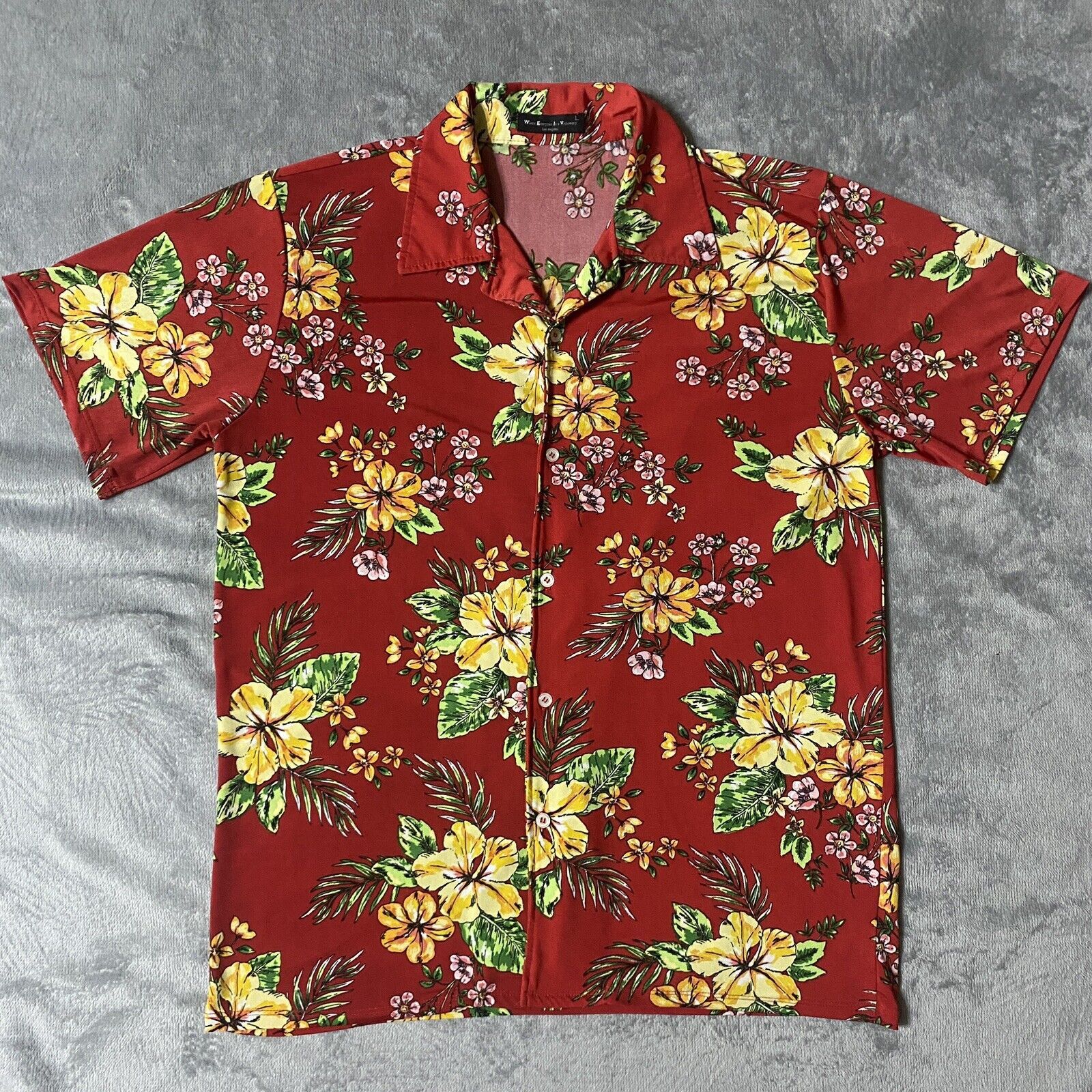 Large WEIV Los Angeles Hawaiian Shirt Red Floral Super Stretch Visionary Men