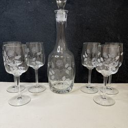 Toscany Crystal Flower Etched Wine Decanter with 6 Fluted Etched Wine Glasses