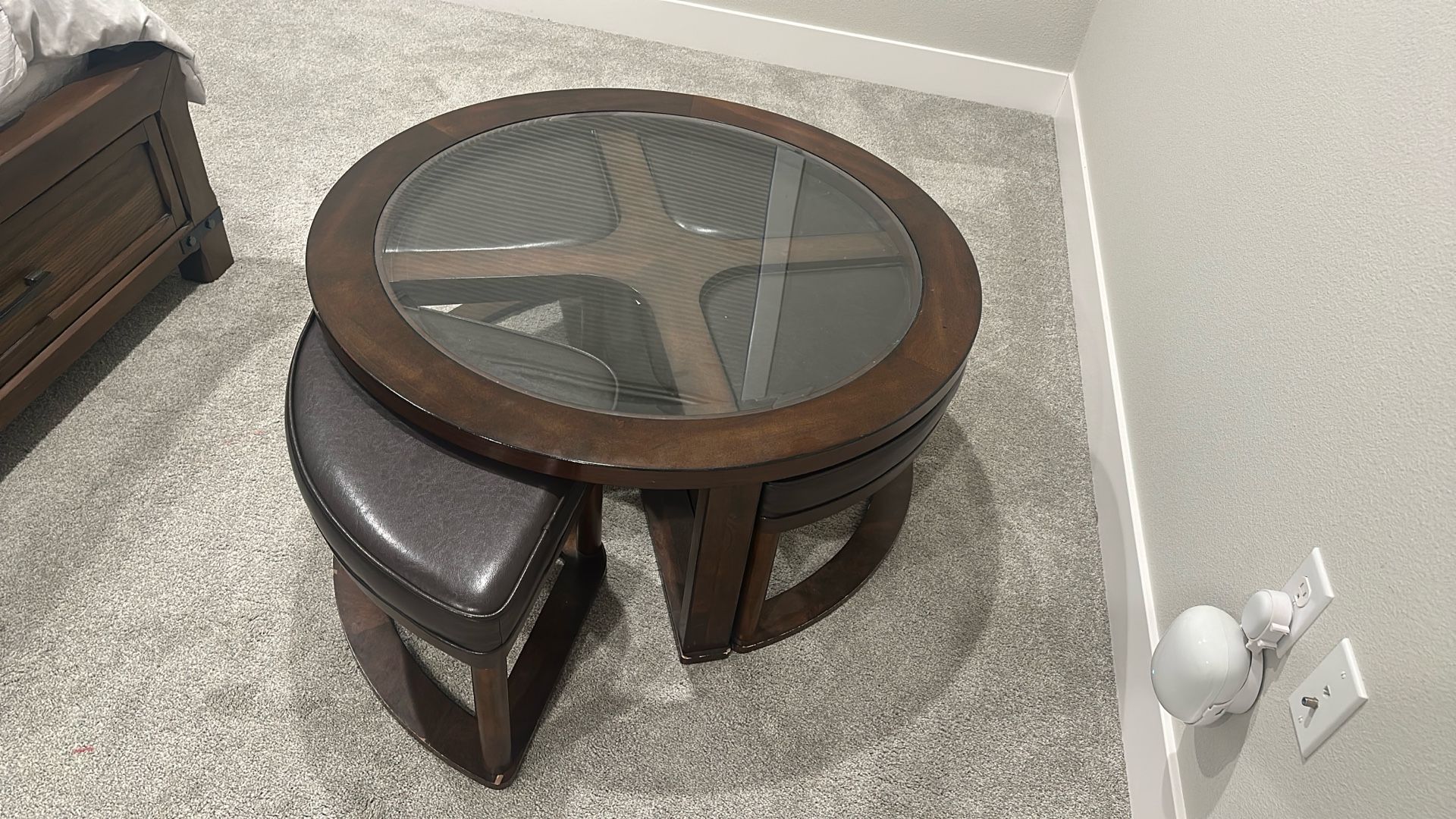 Dark Walnut Coffee Table with Glass Insert and Ottoman for Living Room Furniture