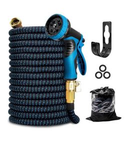 50ft Flexible Garden Hose, Water Hose for Outside with 10 Spray Nozzles, Brass Connector, Leak-Proof, Blue, Father's Day Gifts