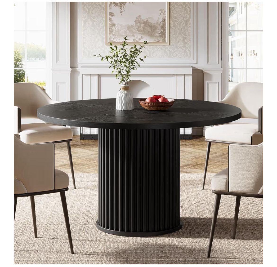 Tribesigns 47.24-Inch Black Round Dining Table for 4-6 People, Modern Fluted MDF + Metal Base Kitchen Table, Sturdy Circle Dining Room Furniture, Blac