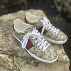 Gucci Beige Monogram Sneakers with Red and Green Accents