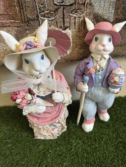 Vintage Pair of Fabric Mache' Bunnies. Table Decor 