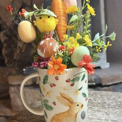 Ht-11in Width-9in HANDMADE artificial Easter Ceramic Coffee Cup Arrangement 