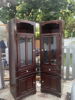 Pair of Dark Wood Lighted Display Cabinets