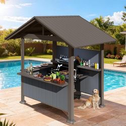 9.4X6.2 FT Hardtop Grill Gazebo, Gable Outdoor Grill Gazebo with Storage Shelves & Resin Shade System, Galvanized Steel Metal Hard top Gazebo for Pati